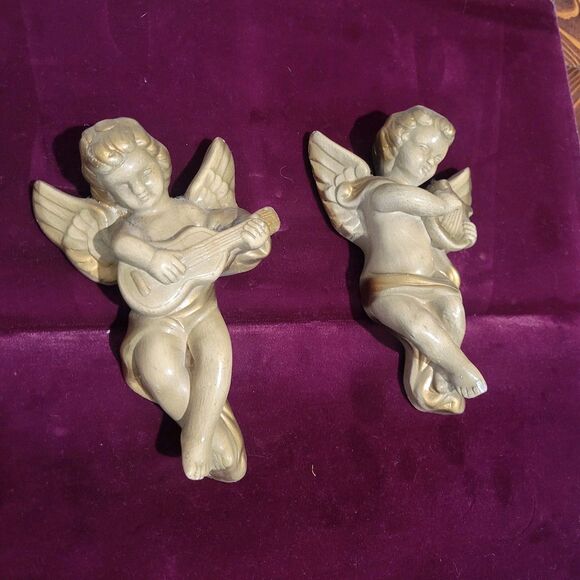 Vintage Cherub Pair Chalk Ware Plaster Wall Decor Hollywood Regency Gold Tone MC - Picture 2 of 16